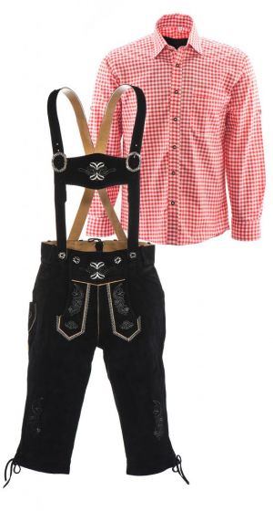 Lederhosen set D (zwarte broek + rood overhemd)