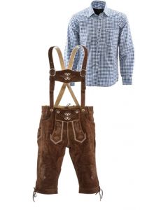 Lederhosen set F (goudbruine broek + blauw overhemd)