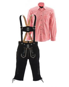 Lederhosen set D (zwarte broek + rood overhemd)